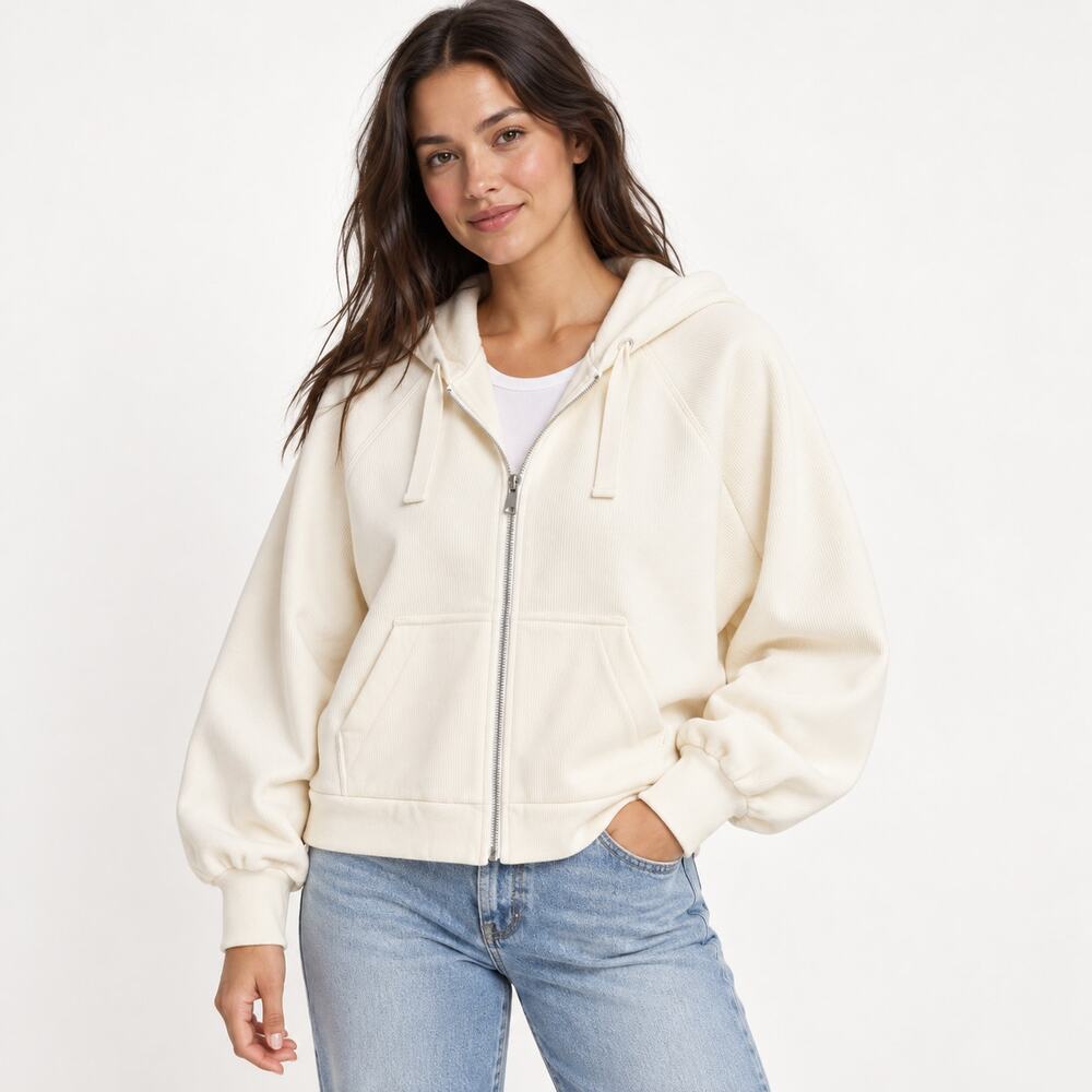 Madewell MWL Hoodie WMNS XS Cream Ribbed Cocoon Full Zip Oversized Athleisure